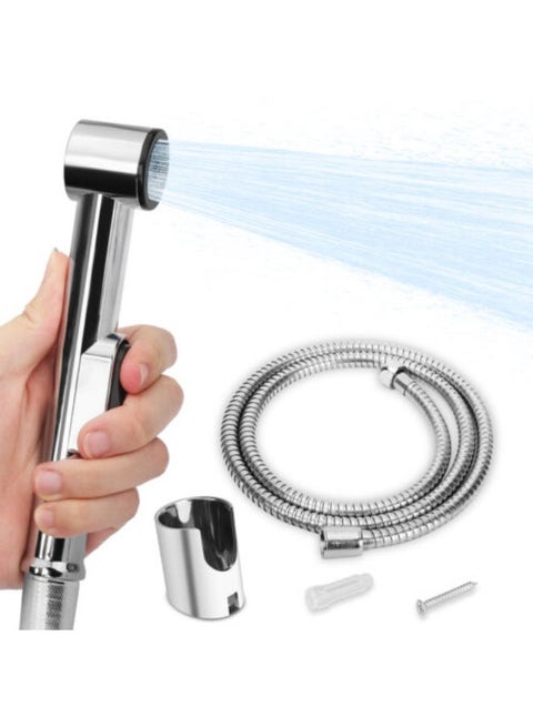 Silver Handheld Shattaf Bidet Sprayer set with 1.2m Hose, Wall Mount Holder Kit for Bathroom